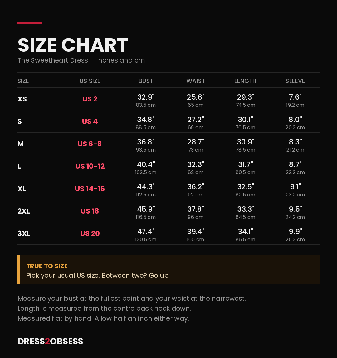 Size chart for The Sweetheart Dress