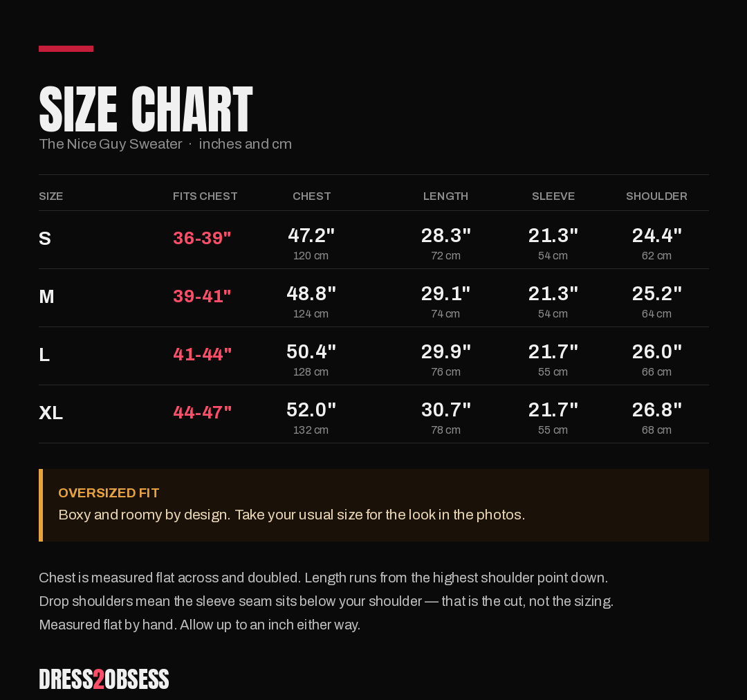 Size chart for The Nice Guy Sweater