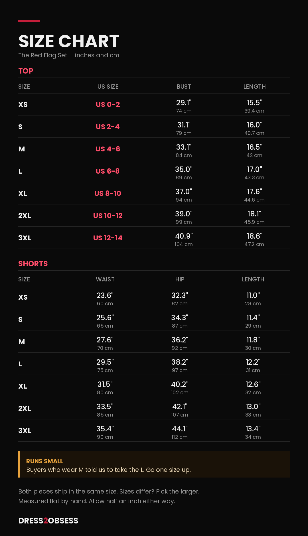 Size chart for The Red Flag Set