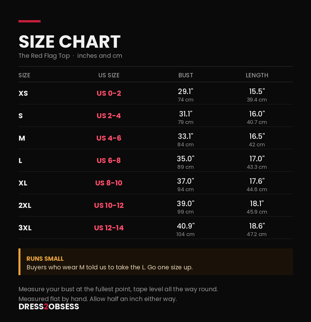 Size chart for The Red Flag Top